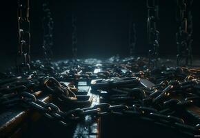 Businessman chained by chains cinematic scene at night. AI Generative. photo