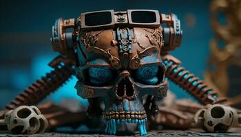 A blue and brown skull robot wearing VR goggles floats aga. AI Generative. photo