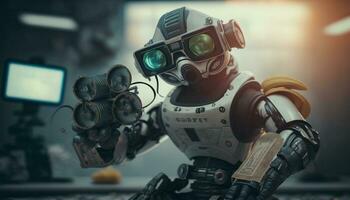 A blue and brown skull robot wearing VR goggles floats aga. AI Generative. photo