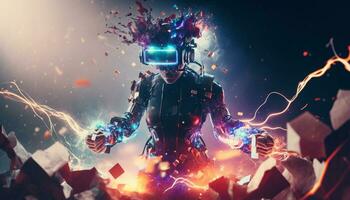 AI Metaverse armored man in gaming world holding a race. AI Generative. photo