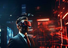 Businessman in vr glasses, red alert symbol hologram and cybersecurity on empty space for text . photo