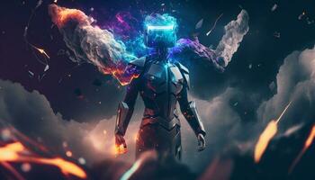 AI Metaverse armored man in gaming world holding a race. AI Generative. photo