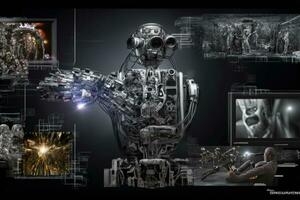 AI Metaverse concept collage with robots on Forex technology. AI Generative. photo