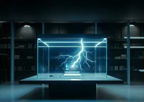 Bank lightning icon chained laptop computer in glass room. AI Generative. photo