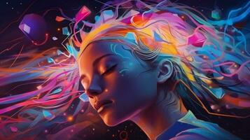Brain on head of woman sleeping dreaming seeing AI Metaver. AI Generative. photo
