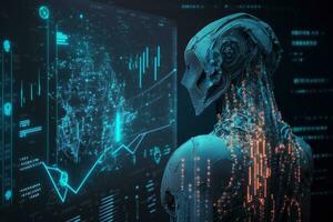 AI Metaverse concept collage with robots on Forex technology. AI Generative. photo