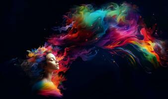 Beautiful fantasy abstract portrait of young woman With colorful digital paint splashes on empty space for text. photo