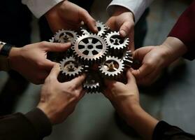 Businessman connecting cogwheels together at conference table, successful teamwork concept. Generative AI. photo