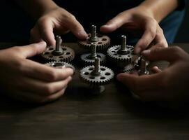 Businessman connecting cogwheels together at conference table, successful teamwork concept. Generative AI. photo