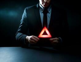 Businessman or employee with warning triangle sign for war. AI Generative. photo