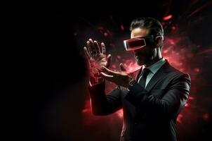 Artificial intelligence Businessman in vr glasses, red alert symbol hologram and cybersecurity technology. photo