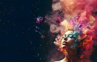 Beautiful fantasy abstract portrait of young woman With colorful digital paint splashes on empty space for text. photo