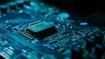 Microcircuits of the computer chip close up. AI Generative. photo