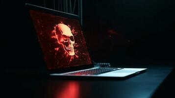 Technology and engineering concept Hacker attack system, red alert sign hologram and cybersecurity icons on empty space for text. photo