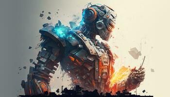 Exploding AI Metaverse Robot with Digital art style. Electric man superhero uses evil forces. photo