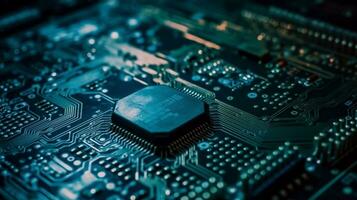 Microcircuits of the computer chip close up. AI Generative. photo