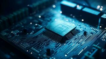 Microcircuits of the computer chip close up. AI Generative. photo