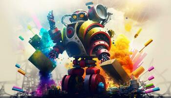 Exploding AI Metaverse Robot with Digital art style. Electric man superhero uses evil forces. photo