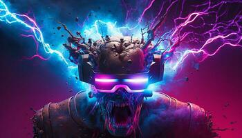 Exploding AI Metaverse Robot with Digital art style. Electric man superhero uses evil forces. photo