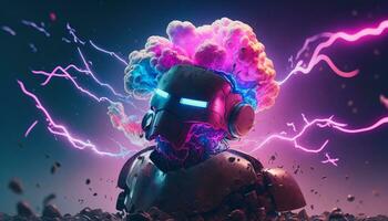 Exploding AI Metaverse Robot with Digital art style. Electric man superhero uses evil forces. photo