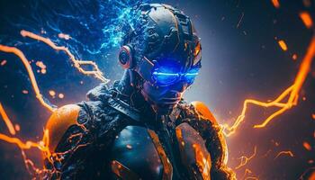 Exploding AI Metaverse Robot with Digital art style. Electric man superhero uses evil forces. photo