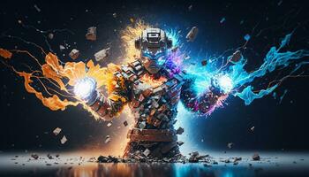 Exploding AI Metaverse Robot with Digital art style. Electric man superhero uses evil forces. photo