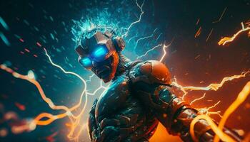 Exploding AI Metaverse Robot with Digital art style. Electric man superhero uses evil forces. photo