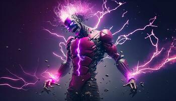 Exploding AI Metaverse Robot with Digital art style. Electric man superhero uses evil forces. photo