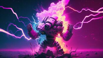 Exploding AI Metaverse Robot with Digital art style. Electric man superhero uses evil forces. photo