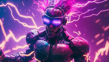 Exploding AI Metaverse Robot with Digital art style. Electric man superhero uses evil forces. photo