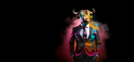 Front view of a bull wearing a suit standing animated burs. AI Generative. photo