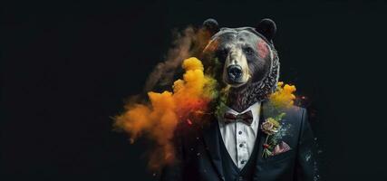 Front view of a black bear wearing a suit standing animate. AI Generative. photo