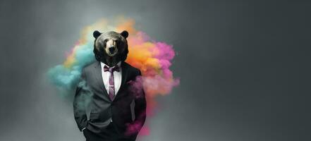 Front view of a black bear wearing a suit standing animate. AI Generative. photo