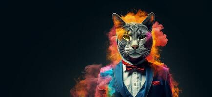 Front view of a cat wearing a suit Standing animated burst. AI Generative. photo