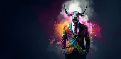 Front view of a bull wearing a suit standing animated burs. AI Generative. photo