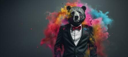Front view of a black bear wearing a suit standing animate. AI Generative. photo