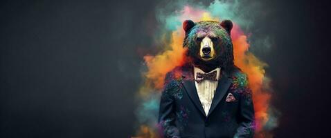 Front view of a black bear wearing a suit standing animate. AI Generative. photo