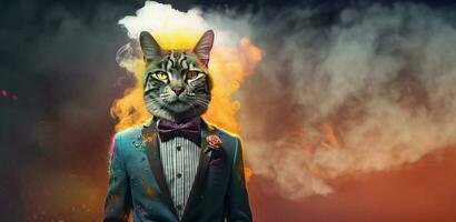 Front view of a cat wearing a suit Standing animated burst. AI Generative. photo