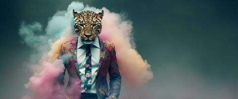 Front view of a tiger wearing a suit standing animated bur. AI Generative. photo