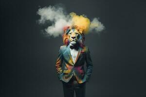 Front view of a lion wearing a suit standing animated burs. AI Generative. photo