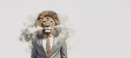 Front view of a lion wearing a suit standing animated burs. AI Generative. photo