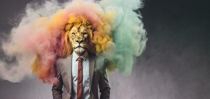 Front view of a lion wearing a suit standing animated burs. AI Generative. photo