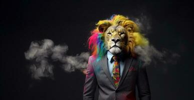 Front view of a lion wearing a suit standing animated burs. AI Generative. photo