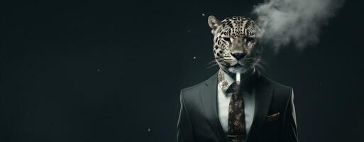 Front view of a tiger wearing a suit standing animated bur. AI Generative. photo