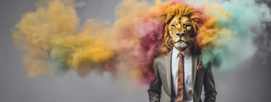 Front view of a lion wearing a suit standing animated burs. AI Generative. photo