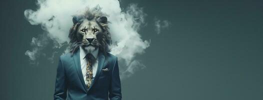 Front view of a lion wearing a suit standing animated burs. AI Generative. photo