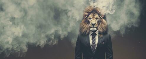 Front view of a lion wearing a suit standing animated burs. AI Generative. photo