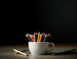 full color pencil in white ceramic cup on the table. AI Generative. photo