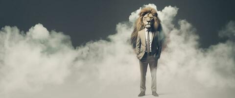 Front view of a lion wearing a suit standing animated burs. AI Generative. photo