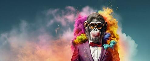 Front view of a monkey wearing a suit standing animated burs. AI Generative. photo